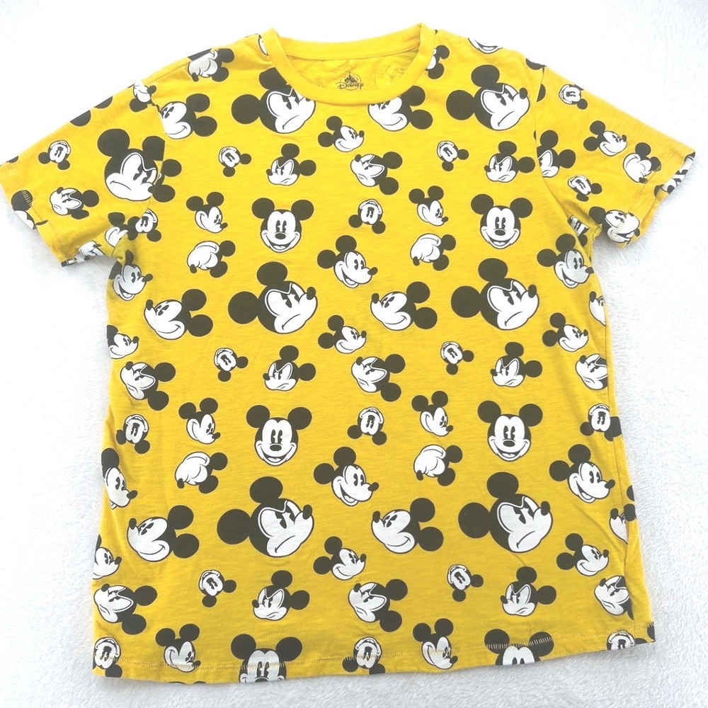 Disney Mens T-Shirt Size L Yellow Mickey Mouse All Over Print Graphic Crew Neck